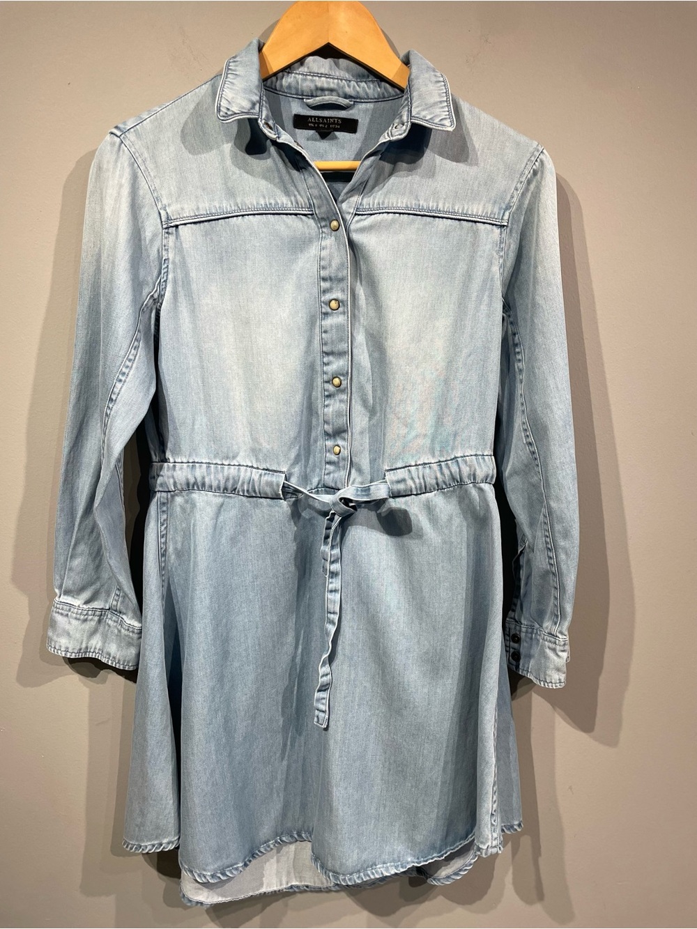 All Saints Light Blue Denim Shirt Dress with Tie Waist size 2